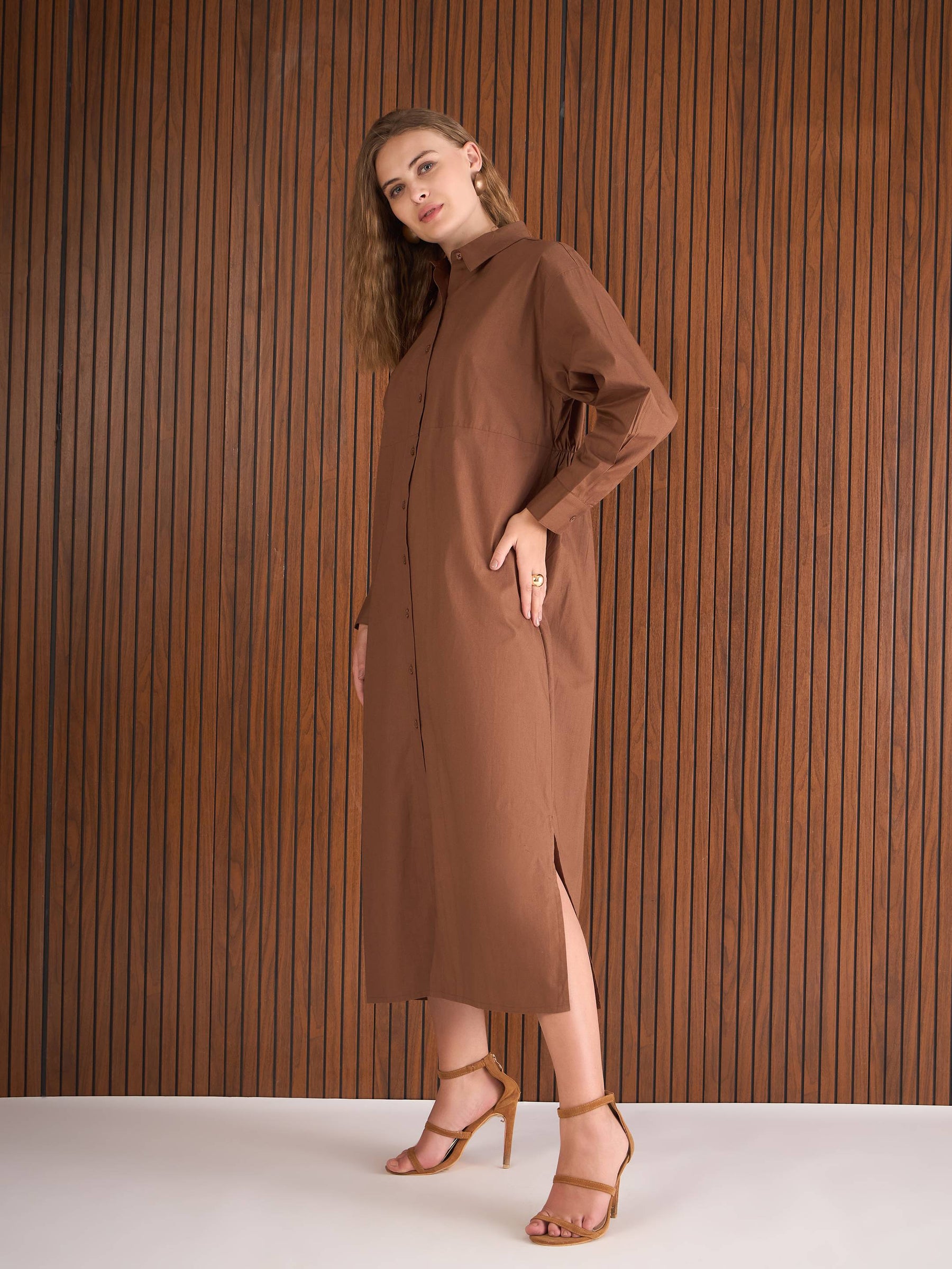 Brown Poplin Longline Shirt Dress-SASSAFRAS