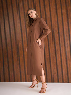 Brown Poplin Longline Shirt Dress-SASSAFRAS