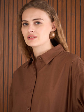 Brown Poplin Longline Shirt Dress-SASSAFRAS