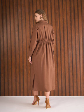 Brown Poplin Longline Shirt Dress-SASSAFRAS