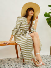 Green & White Striped Poplin Belted Shirt Dress-Pink Paprika By SASSAFRAS