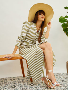 Green & White Striped Poplin Belted Shirt Dress-Pink Paprika By SASSAFRAS