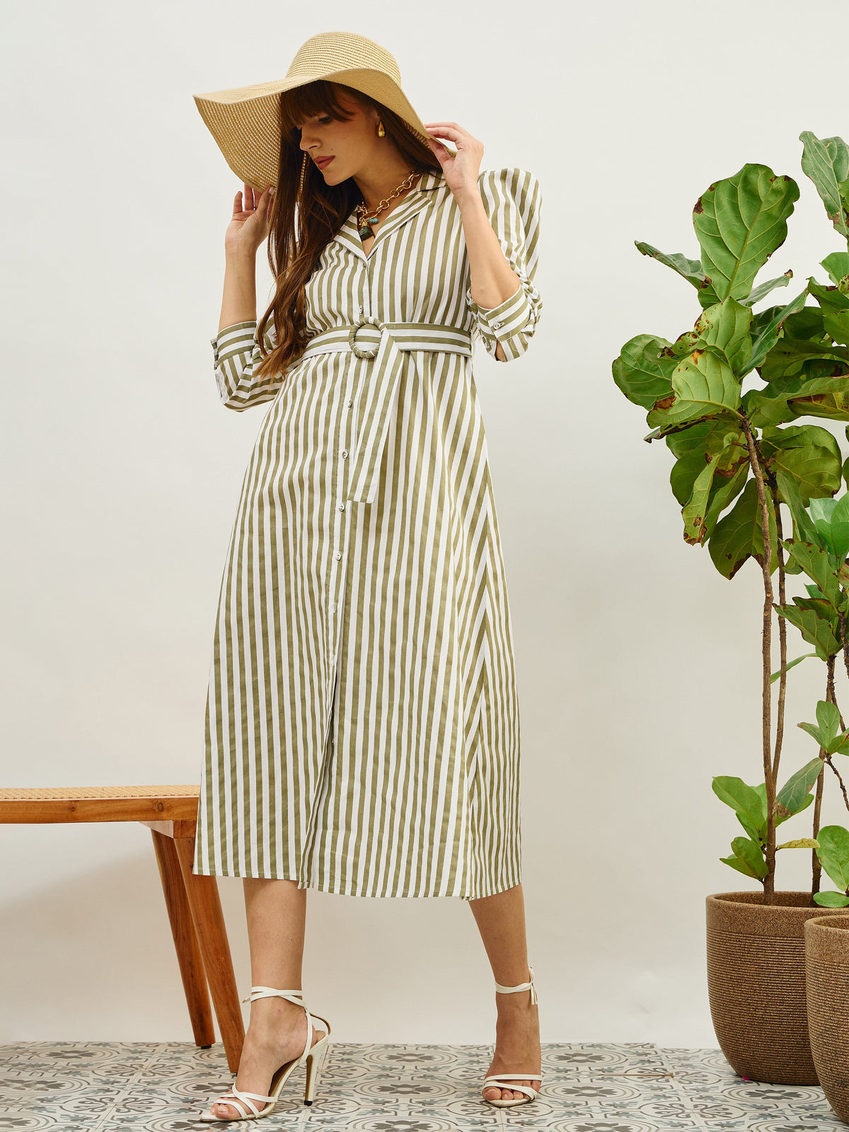 Green & White Striped Poplin Belted Shirt Dress-Pink Paprika By SASSAFRAS