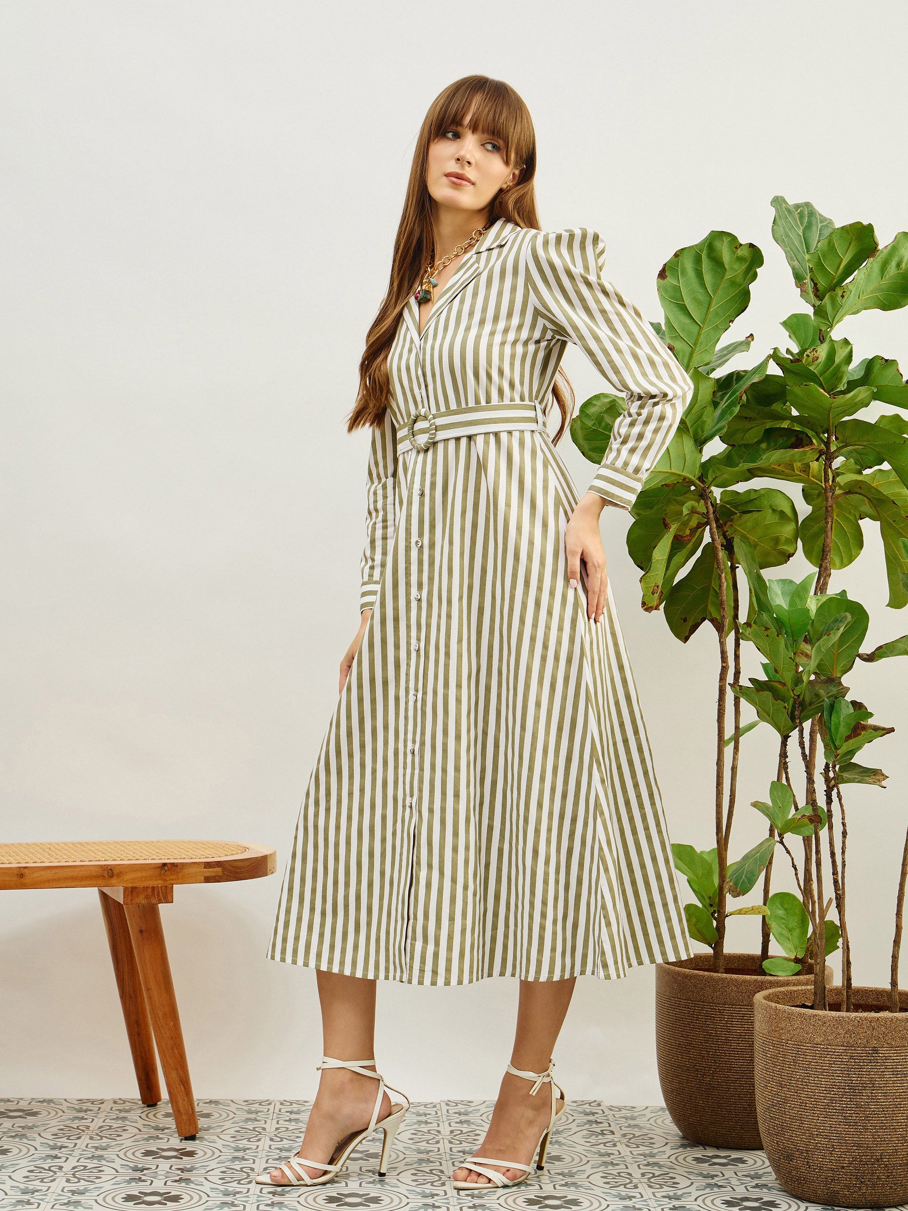 Green & White Striped Poplin Belted Shirt Dress-Pink Paprika By SASSAFRAS