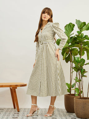 Green & White Striped Poplin Belted Shirt Dress-Pink Paprika By SASSAFRAS
