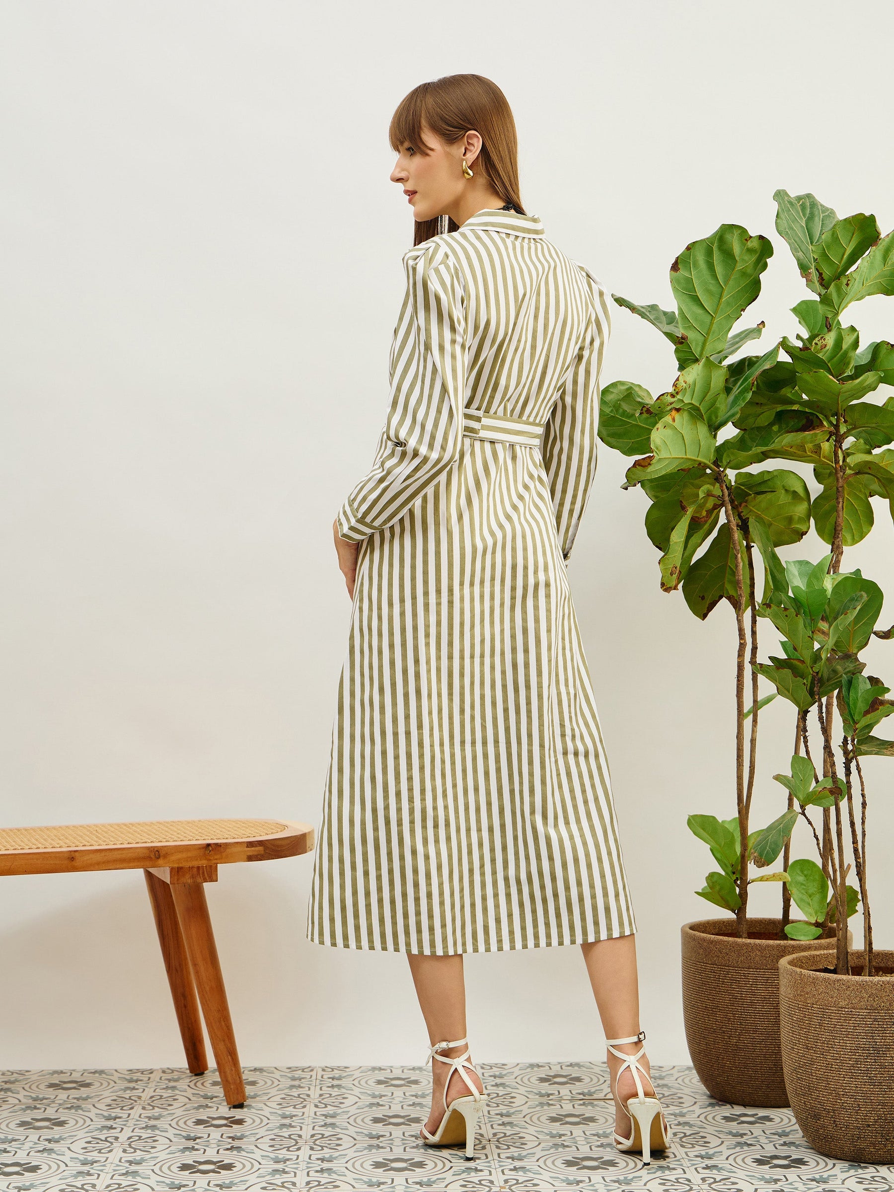 Green & White Striped Poplin Belted Shirt Dress-Pink Paprika By SASSAFRAS