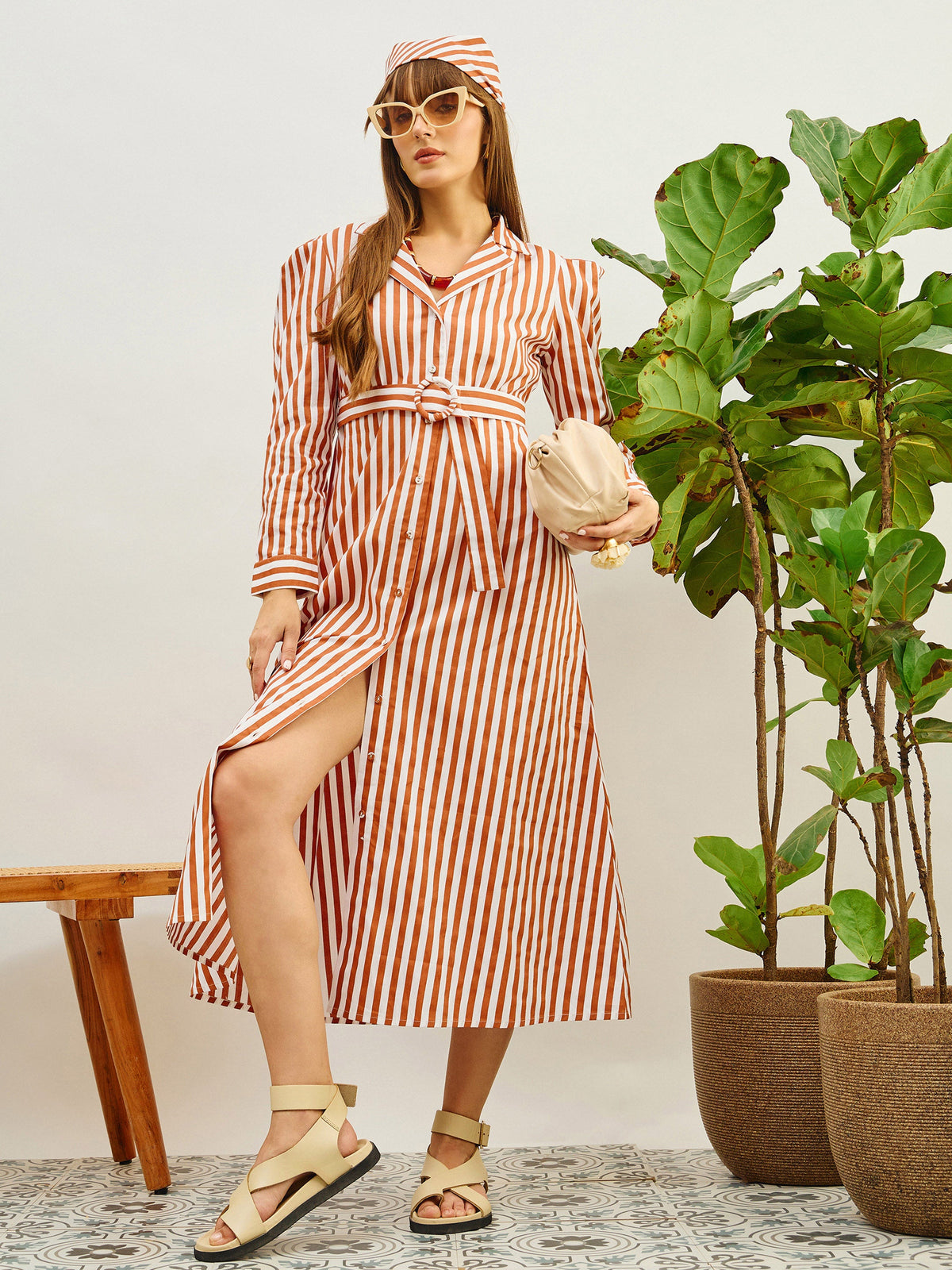 Brown & White Striped Poplin Belted Shirt Dress-Pink Paprika By SASSAFRAS