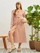 Brown & White Striped Poplin Belted Shirt Dress-Pink Paprika By SASSAFRAS