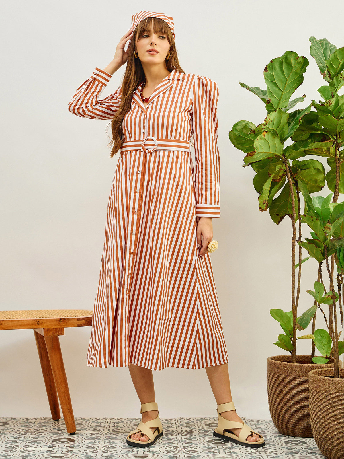 Brown & White Striped Poplin Belted Shirt Dress-Pink Paprika By SASSAFRAS