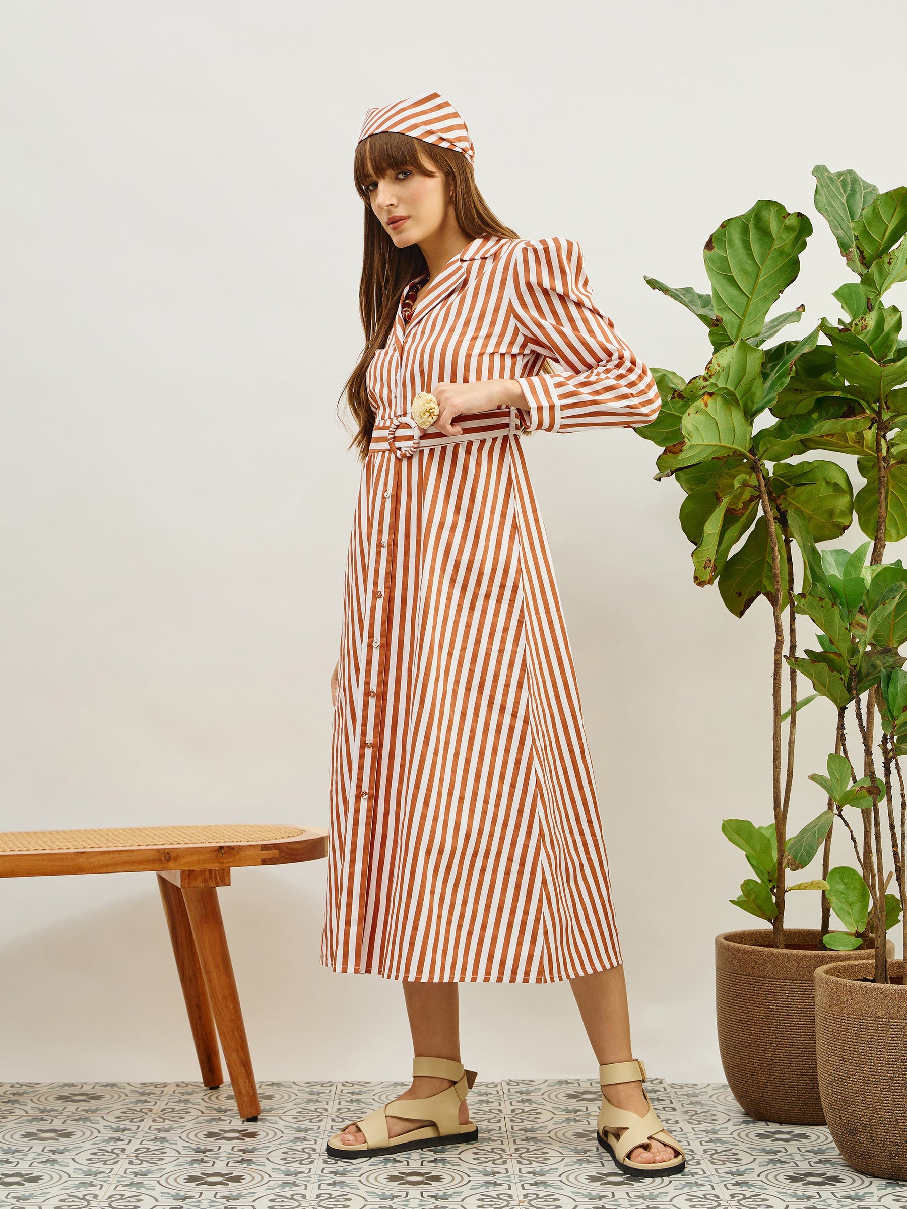 Brown & White Striped Poplin Belted Shirt Dress-Pink Paprika By SASSAFRAS