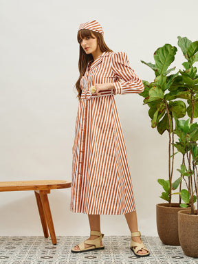 Brown & White Striped Poplin Belted Shirt Dress-Pink Paprika By SASSAFRAS