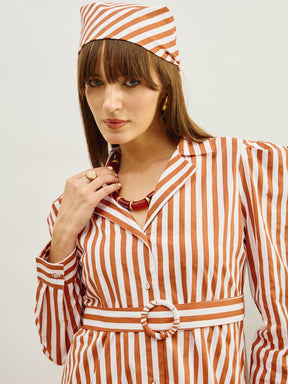 Brown & White Striped Poplin Belted Shirt Dress-Pink Paprika By SASSAFRAS