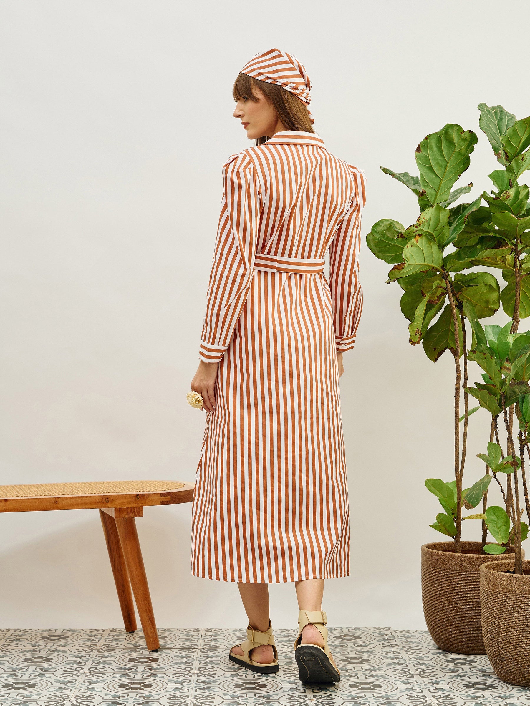 Brown & White Striped Poplin Belted Shirt Dress-Pink Paprika By SASSAFRAS