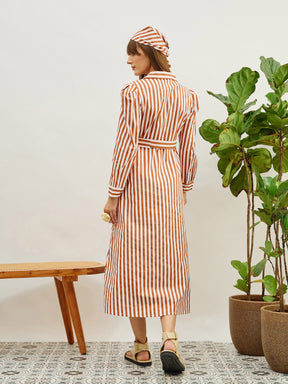 Brown & White Striped Poplin Belted Shirt Dress-Pink Paprika By SASSAFRAS