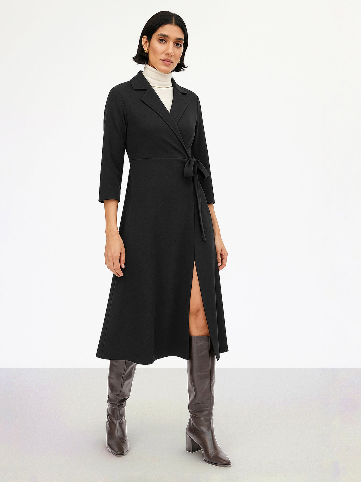 Black Notch Collar Wrap Midi Dress-SASSAFRAS worklyf