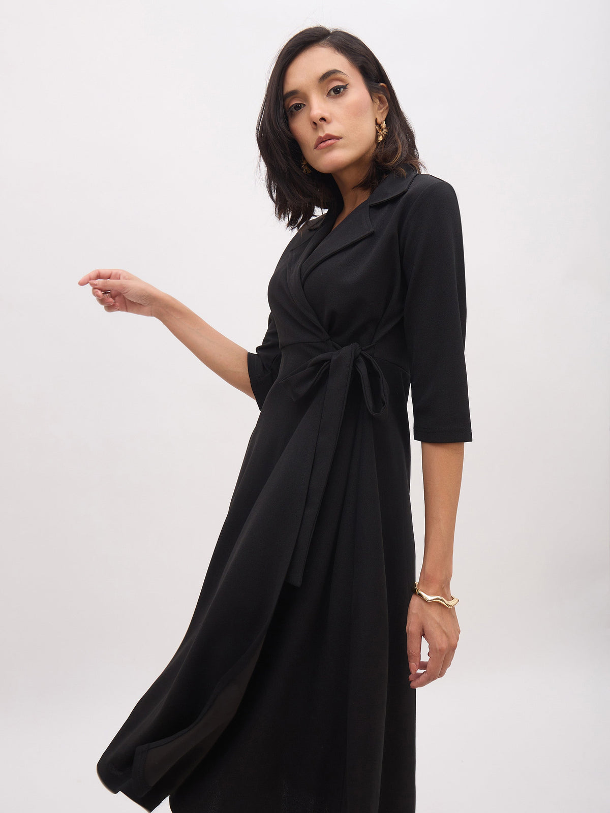 Black Notch Collar Wrap Midi Dress-SASSAFRAS worklyf