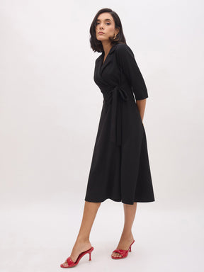 Black Notch Collar Wrap Midi Dress-SASSAFRAS worklyf