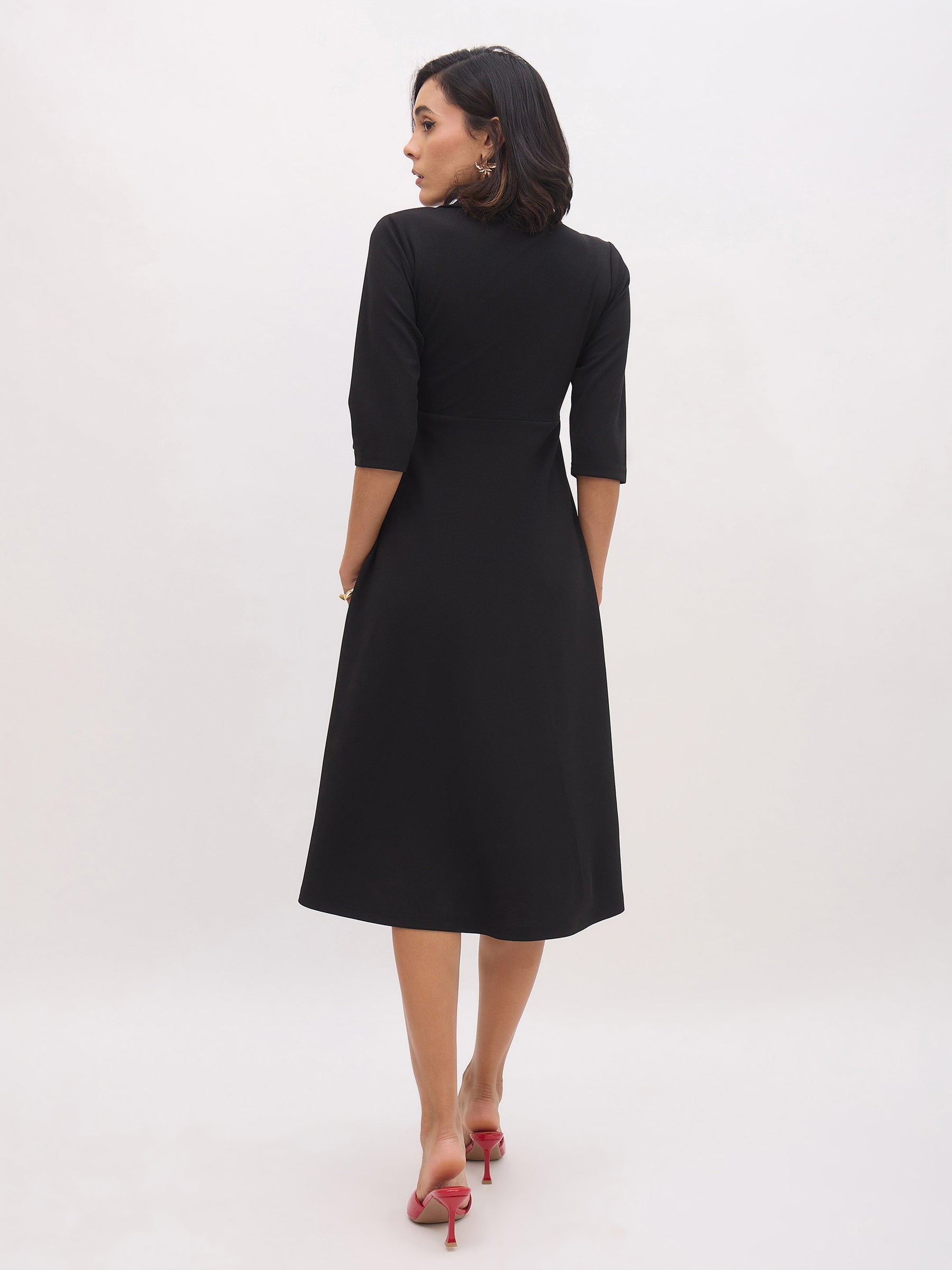 Black Notch Collar Wrap Midi Dress-SASSAFRAS worklyf