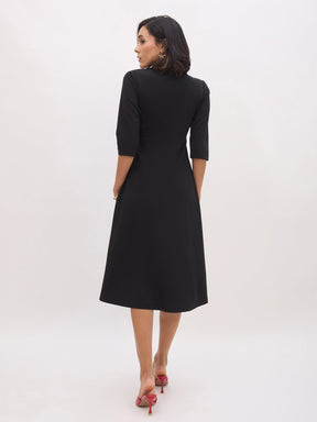 Black Notch Collar Wrap Midi Dress-SASSAFRAS worklyf