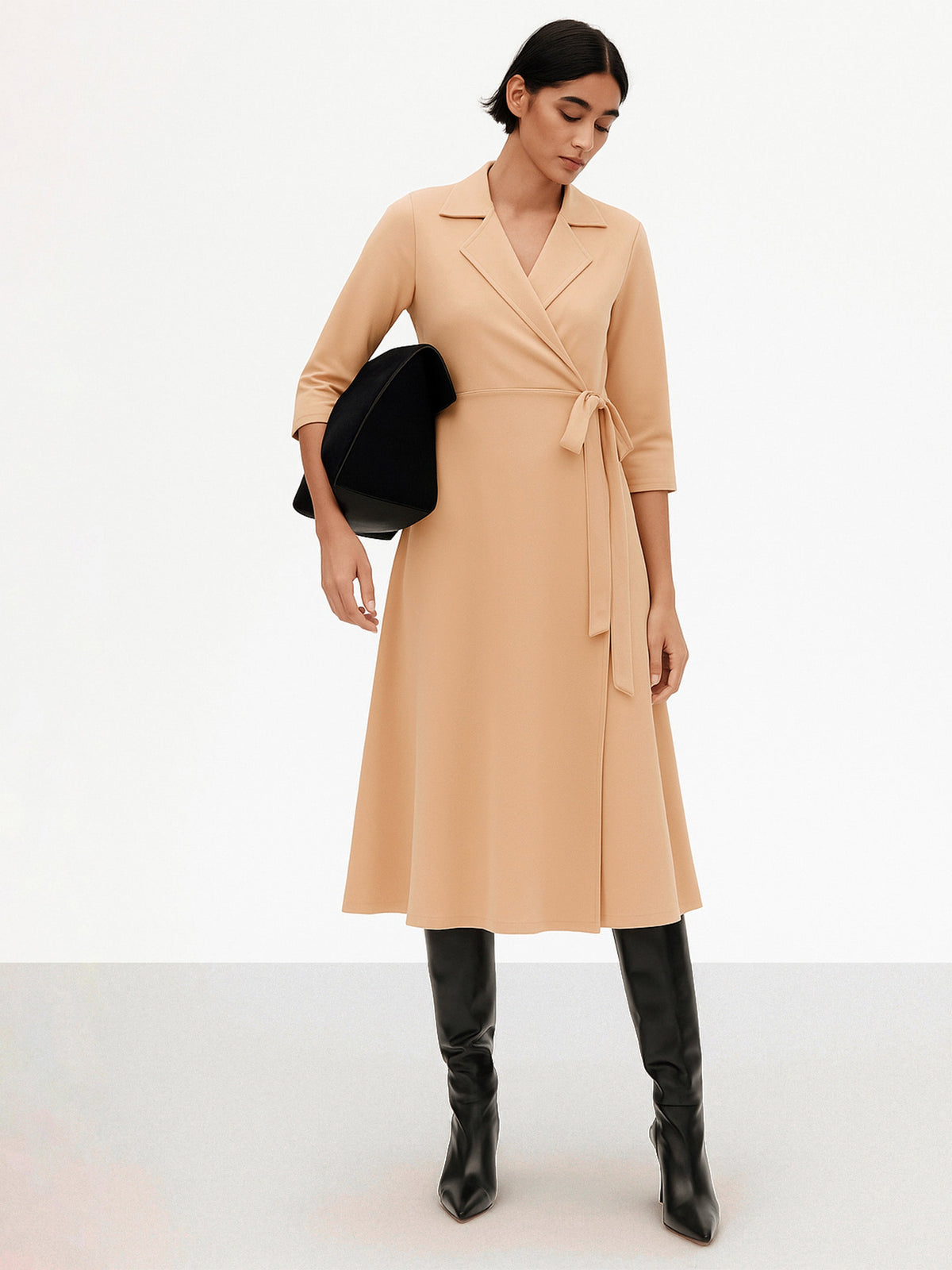 Beige Notch Collar Wrap Midi Dress-SASSAFRAS worklyf