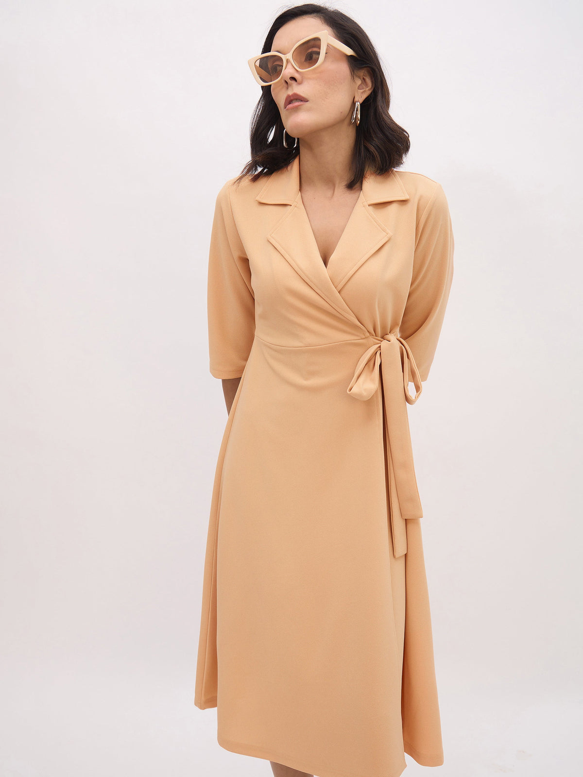 Beige Notch Collar Wrap Midi Dress-SASSAFRAS worklyf