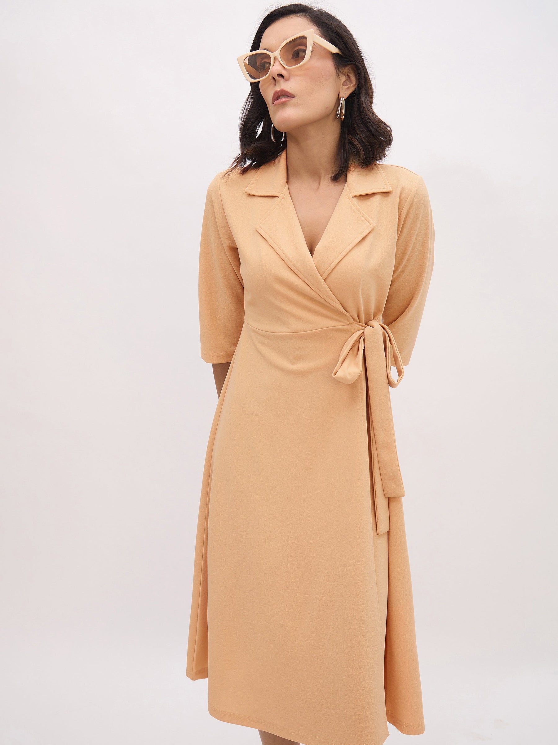 Beige Notch Collar Wrap Midi Dress-SASSAFRAS worklyf