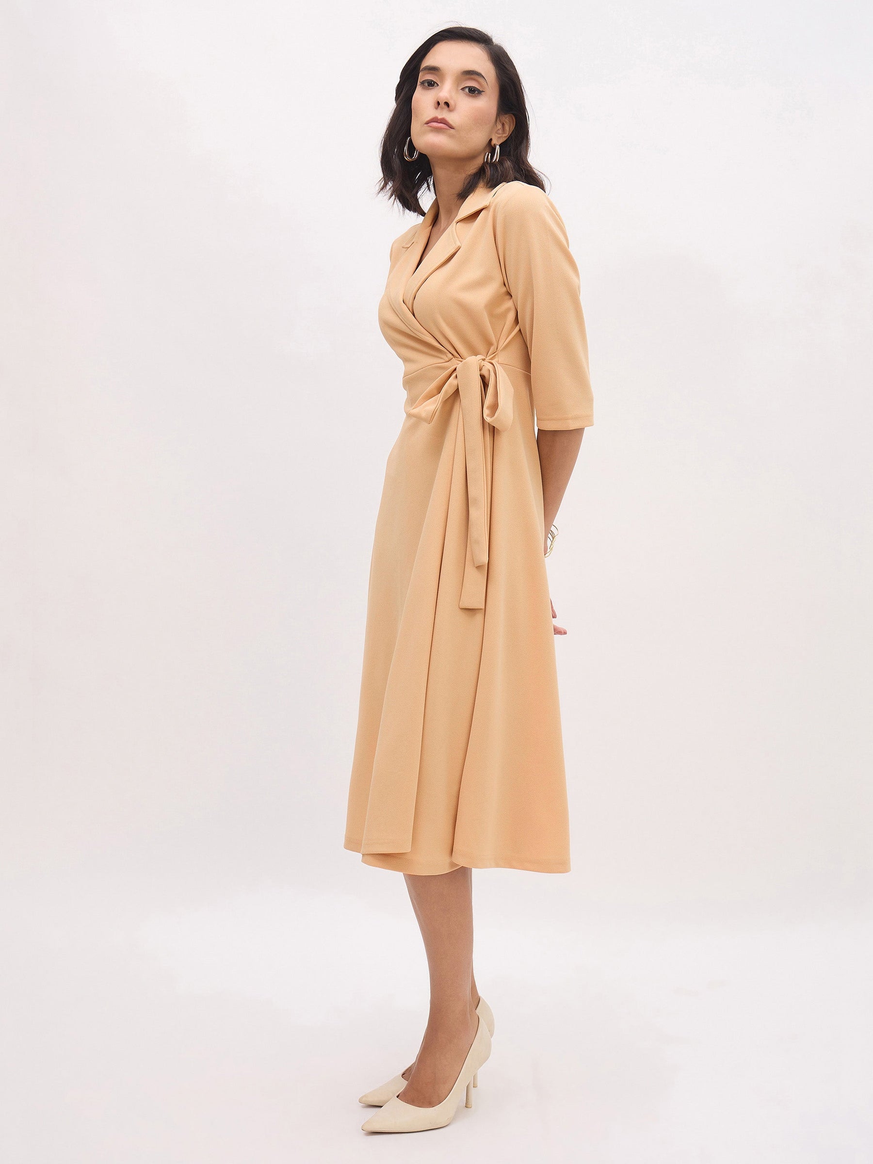 Beige Notch Collar Wrap Midi Dress-SASSAFRAS worklyf