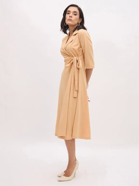 Beige Notch Collar Wrap Midi Dress-SASSAFRAS worklyf