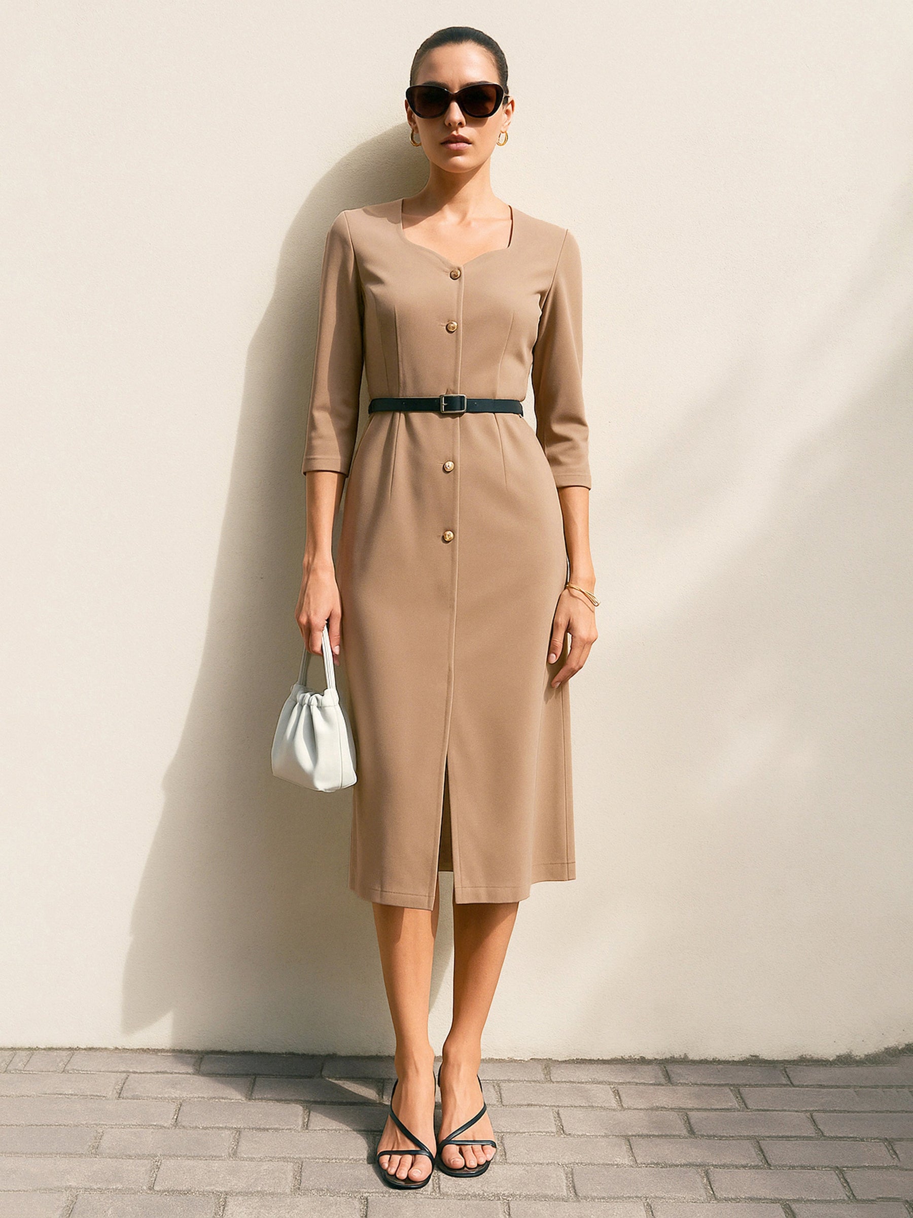 Beige Sweetheart Neck Midi Dress With PU Belt-SASSAFRAS worklyf