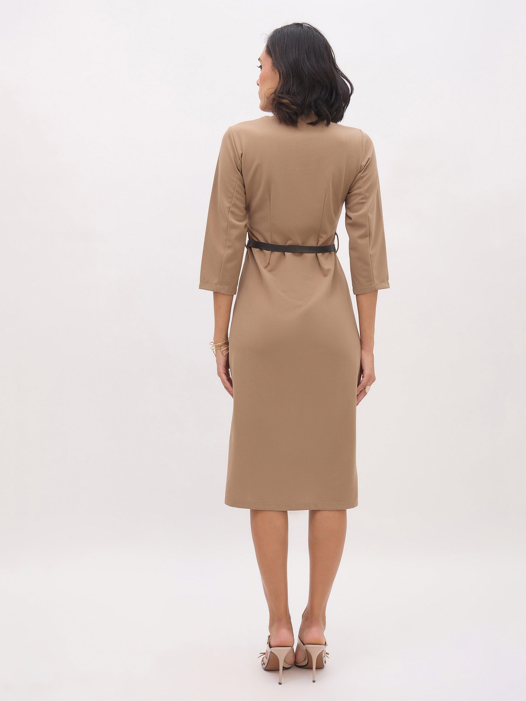 Beige Sweetheart Neck Midi Dress With PU Belt-SASSAFRAS worklyf