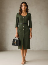 Olive Sweetheart Neck Midi Dress With PU Belt-SASSAFRAS worklyf