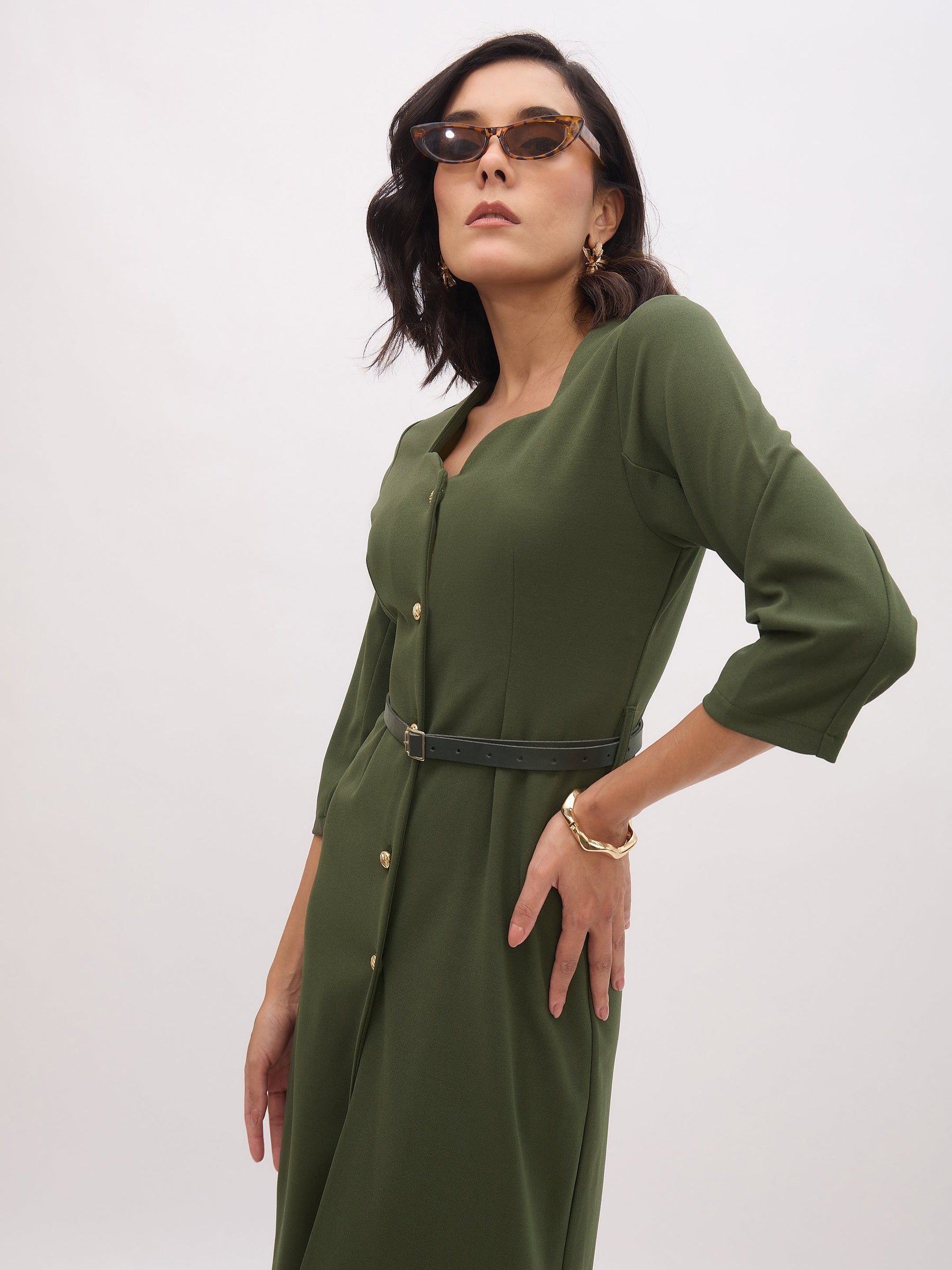 Olive Sweetheart Neck Midi Dress With PU Belt-SASSAFRAS worklyf