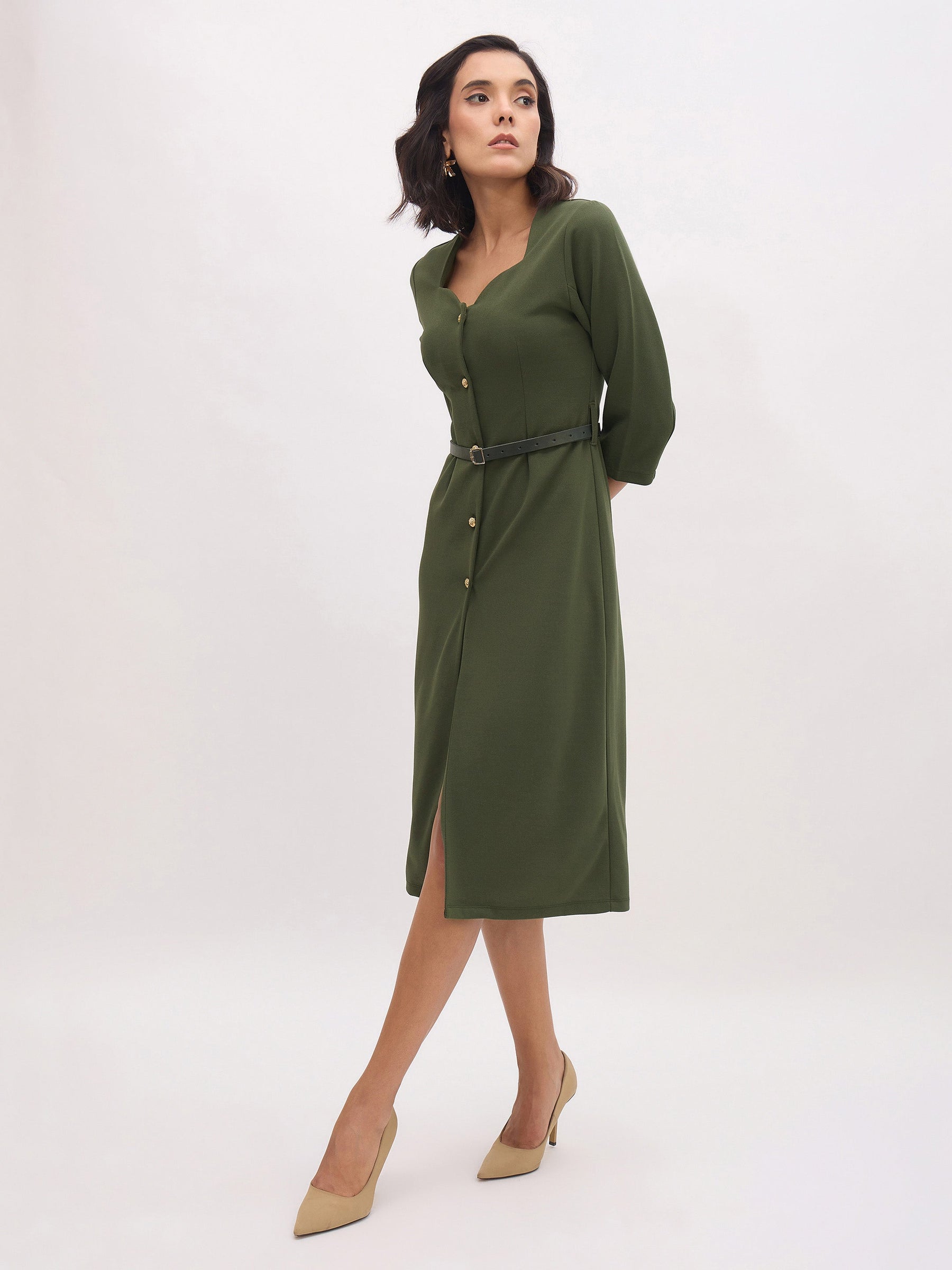 Olive Sweetheart Neck Midi Dress With PU Belt-SASSAFRAS worklyf