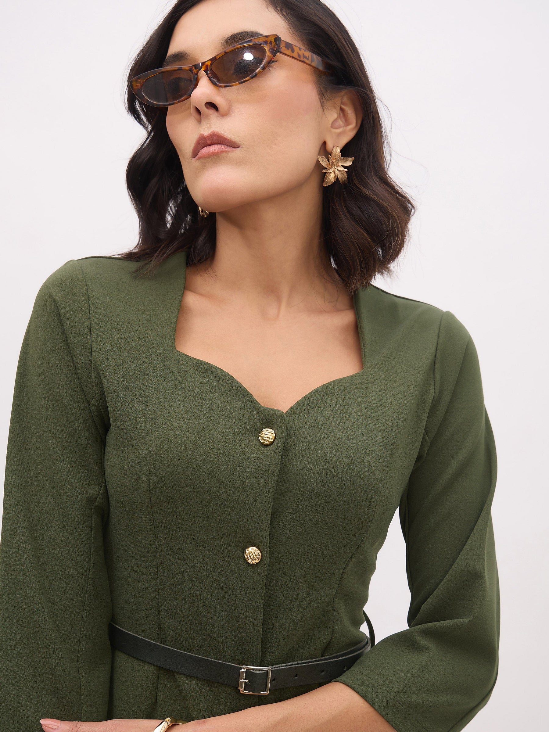 Olive Sweetheart Neck Midi Dress With PU Belt-SASSAFRAS worklyf