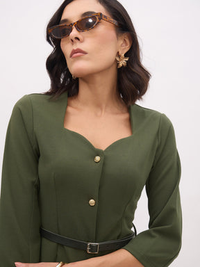 Olive Sweetheart Neck Midi Dress With PU Belt-SASSAFRAS worklyf