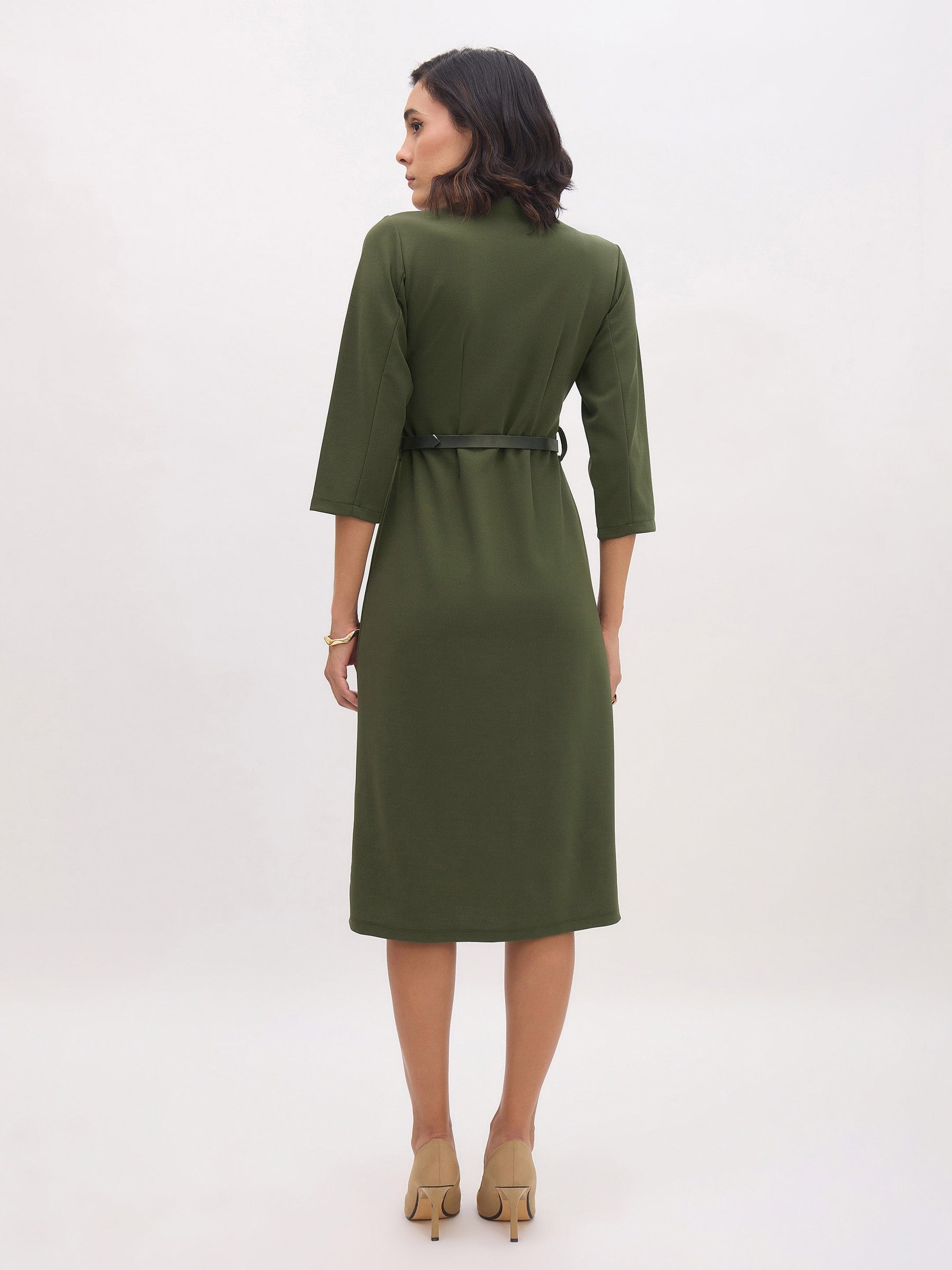 Olive Sweetheart Neck Midi Dress With PU Belt-SASSAFRAS worklyf