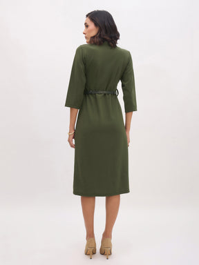 Olive Sweetheart Neck Midi Dress With PU Belt-SASSAFRAS worklyf