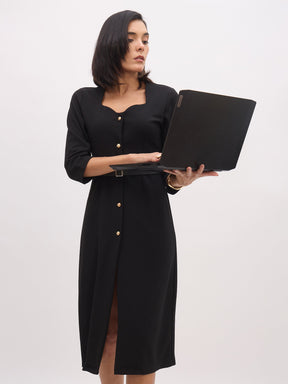 Black Sweetheart Neck Midi Dress With PU Belt-SASSAFRAS worklyf