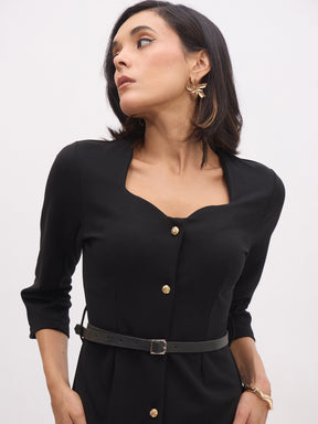 Black Sweetheart Neck Midi Dress With PU Belt-SASSAFRAS worklyf