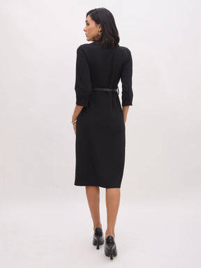Black Sweetheart Neck Midi Dress With PU Belt-SASSAFRAS worklyf