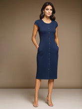 Blue Round Neck Button Midi Dress-SASSAFRAS worklyf
