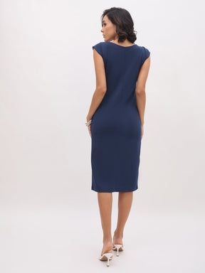 Blue Round Neck Button Midi Dress-SASSAFRAS worklyf
