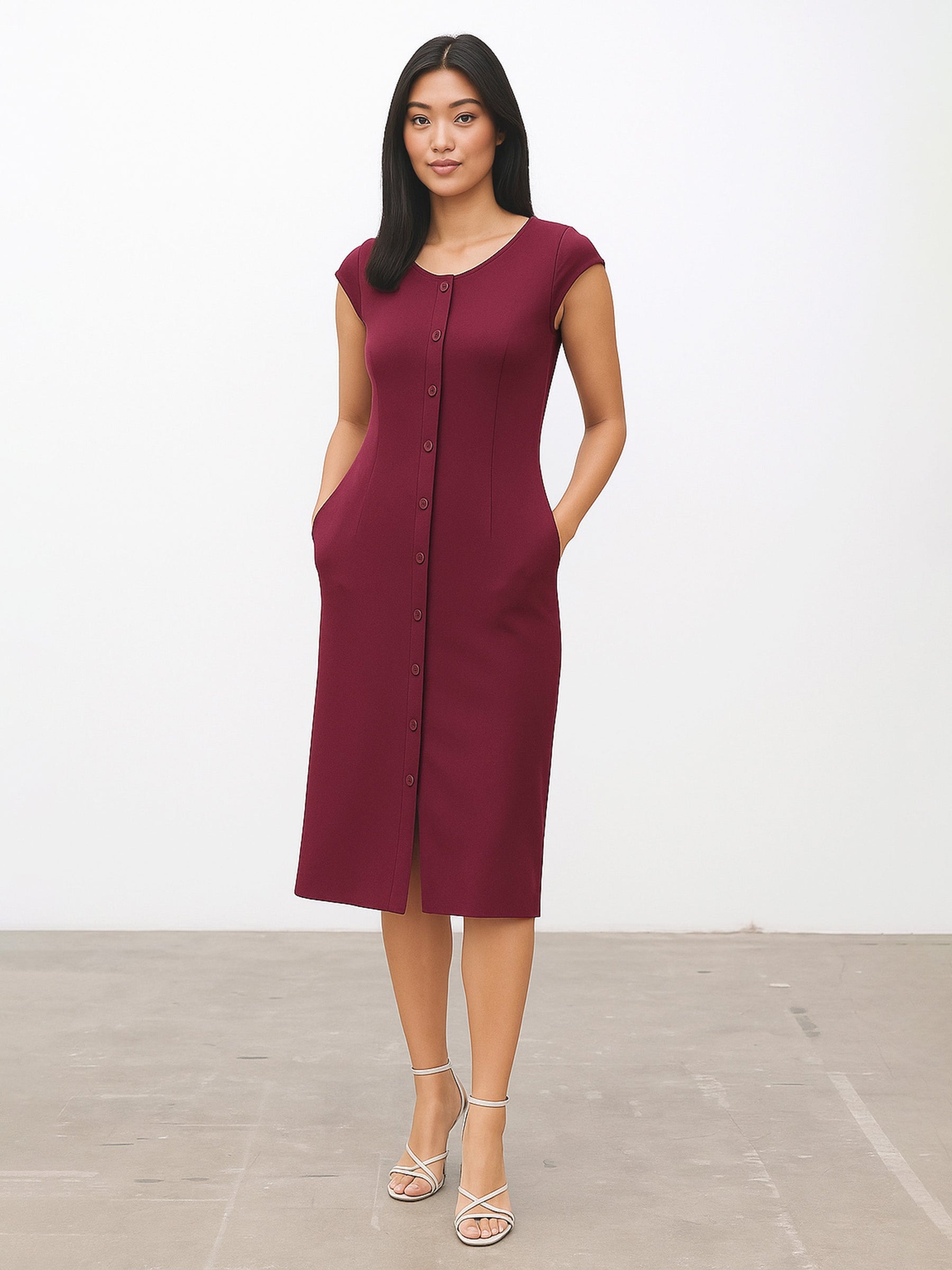 Burgundy Round Neck Button Midi Dress-SASSAFRAS worklyf