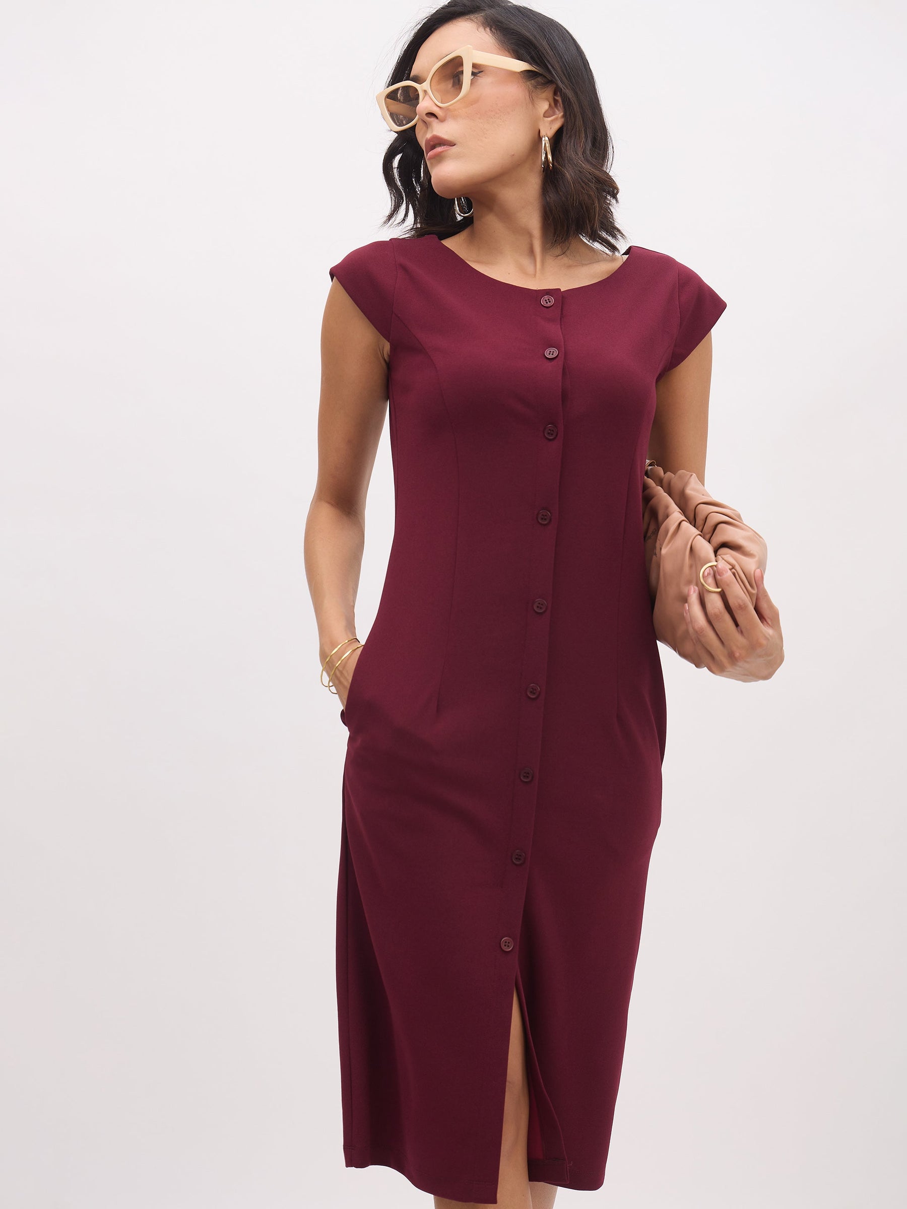 Burgundy Round Neck Button Midi Dress-SASSAFRAS worklyf