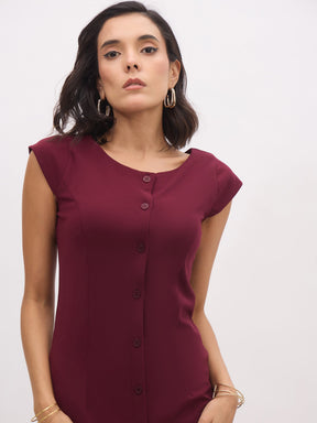 Burgundy Round Neck Button Midi Dress-SASSAFRAS worklyf