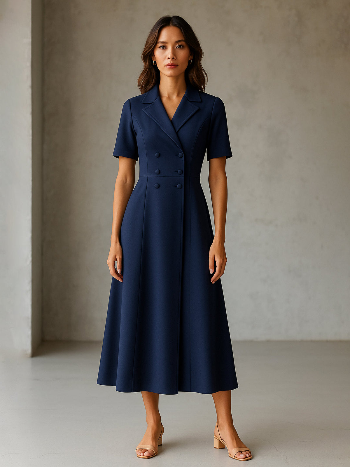 Blue Notch Collar Button Midi Dress-SASSAFRAS worklyf