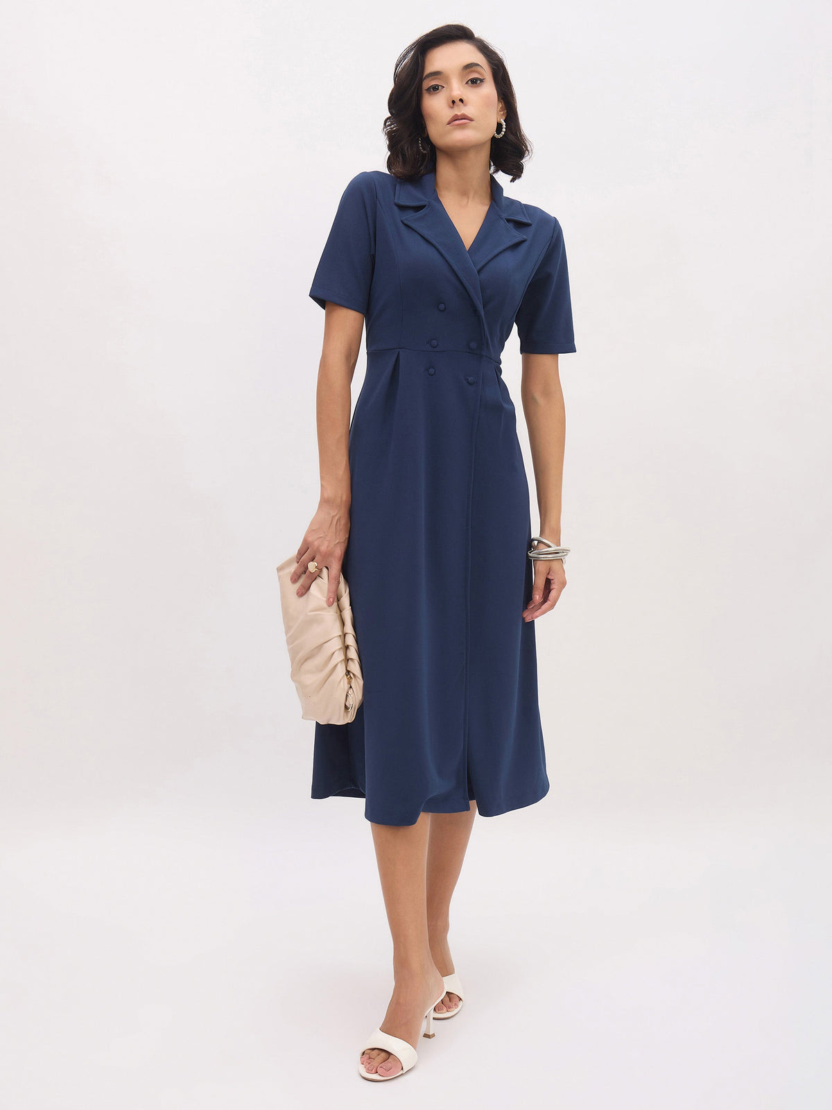 Blue Notch Collar Button Midi Dress-SASSAFRAS worklyf