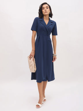 Blue Notch Collar Button Midi Dress-SASSAFRAS worklyf