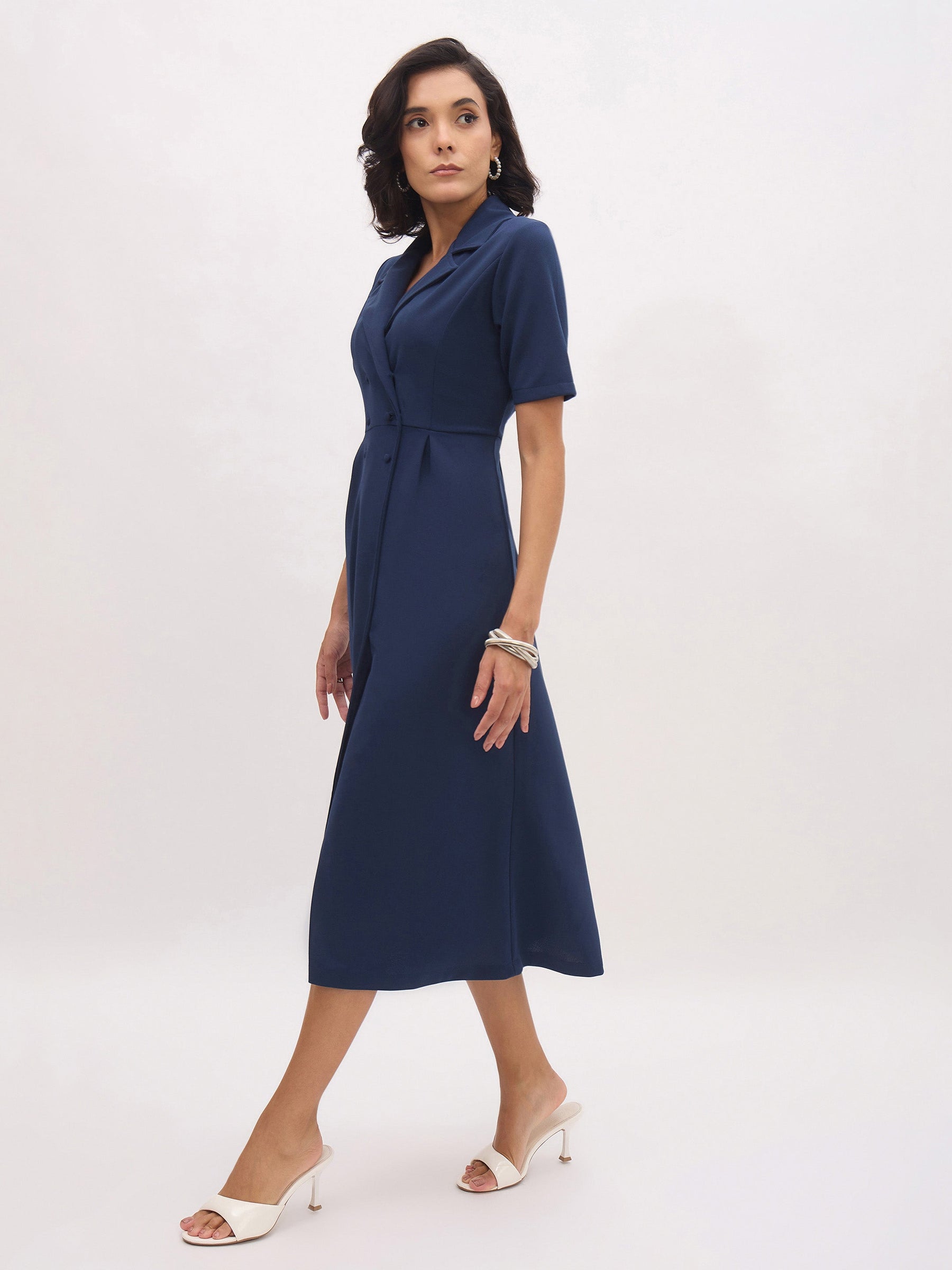 Blue Notch Collar Button Midi Dress-SASSAFRAS worklyf