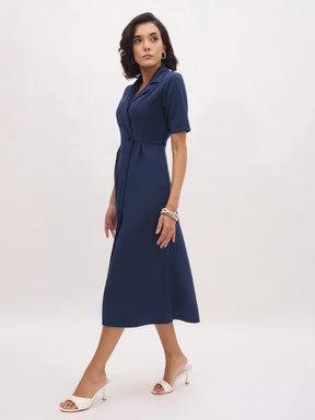 Blue Notch Collar Button Midi Dress-SASSAFRAS worklyf